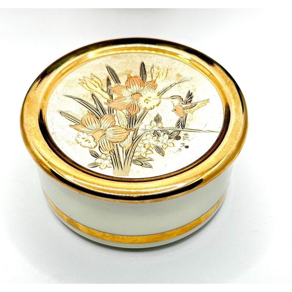 Vintage Art Of Chokin Ceramic Trinket Box With Floral & Hummingbird Design Gold